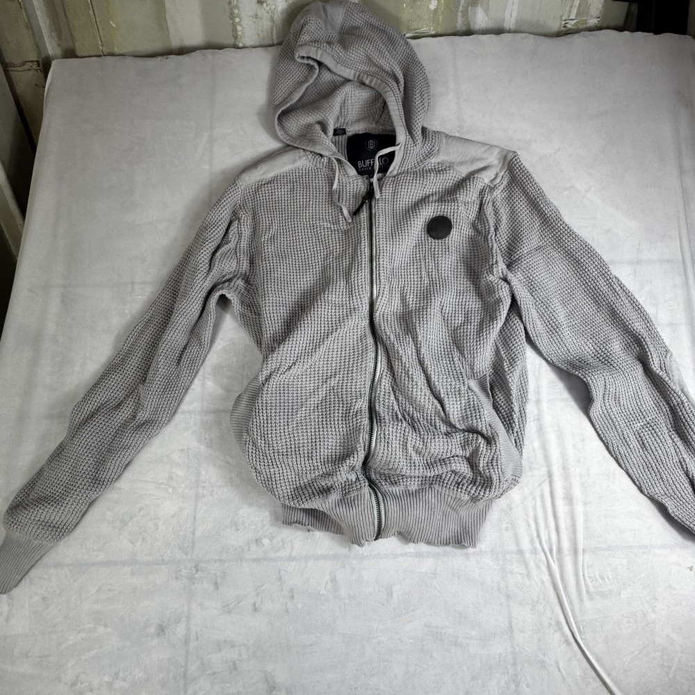Buffalo David Bitton Hoodie Men's Small Gray Waffle Knit Drawstring Full Zipper